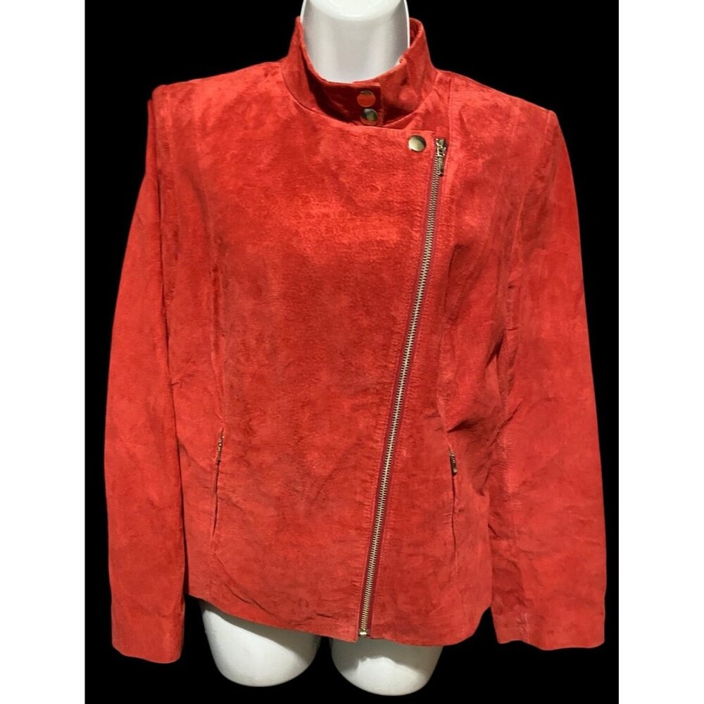 Alfani Suede Jacket Women's Petite M Zip Front Pockets Lined‎ Red Military
